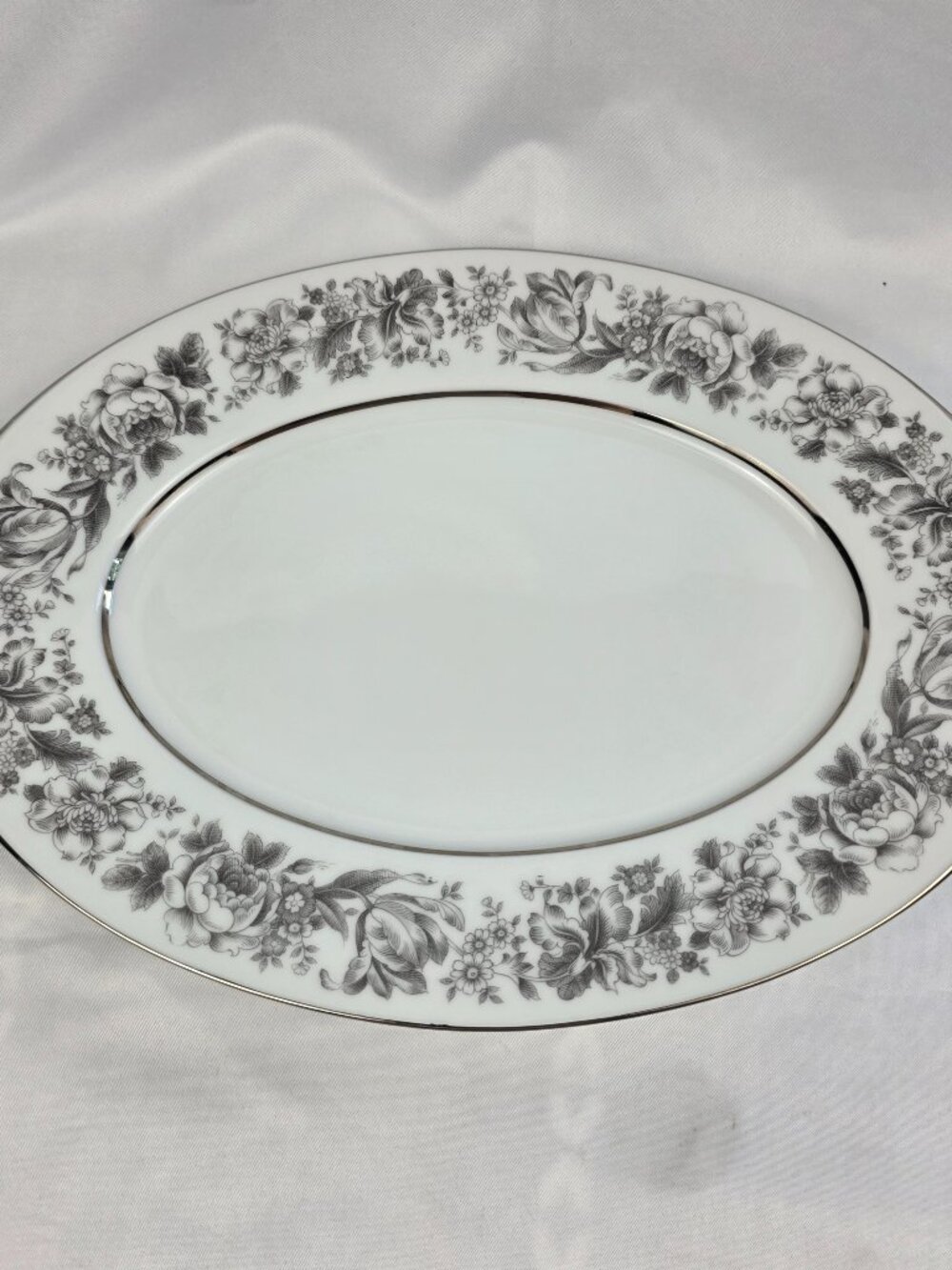 Style House Prestige Serving Platter 12 Inch Oval Gray Flowers on Rim